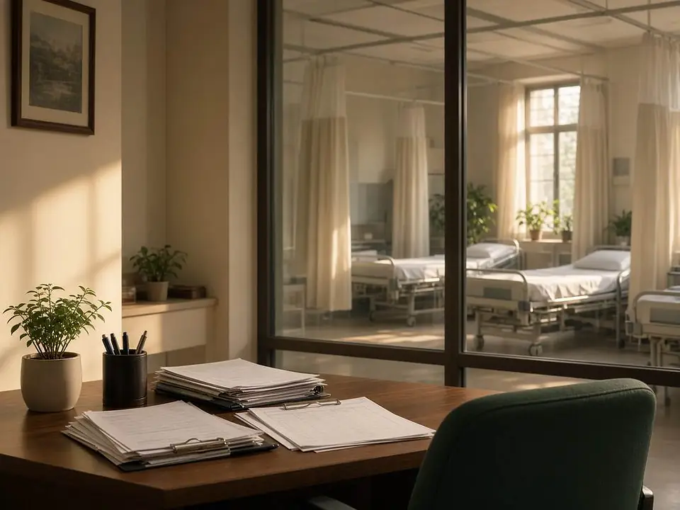 Hospital operations desk overlooking a ward